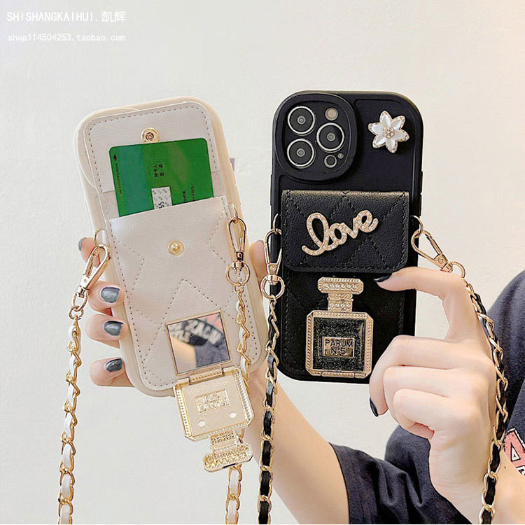 Perfume Bottle Mirror Coin Purse Suitable for Apple 13 Pro Max Phone Case 14 Plus Stand Crossbody Chain Card Holder iPhone 15 /11/12 Pro Anti-Drop Soft Xr/Xs Women's Model 6S/78P
