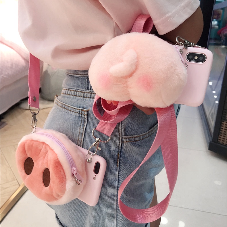 Crossbody Piggy Butt Coin Purse Suitable for iPhone 15 Pro Max Phone Cases, Apple 14Plus with Strap, 13/12Mini Lanyard, 11 Full-Cover Silicone Xr/Xs Women's Model 6S/7/8Plus