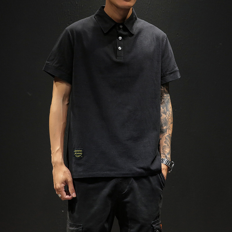 Summer patch solid color short-sleeved POLO shirt T-shirt men's fat plus size Japanese trendy fat v-neck lapel top simple