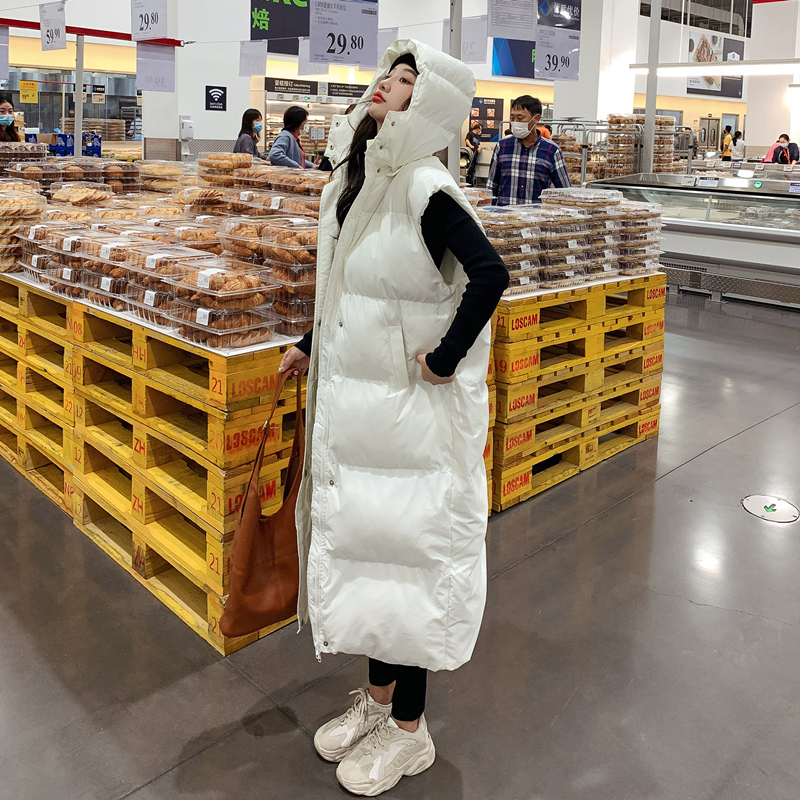 Over-The-Knee Long down Cotton Vest for Women, Hooded Jacket, Popular 2025 New Winter Vest for Outer Wear, White and Black