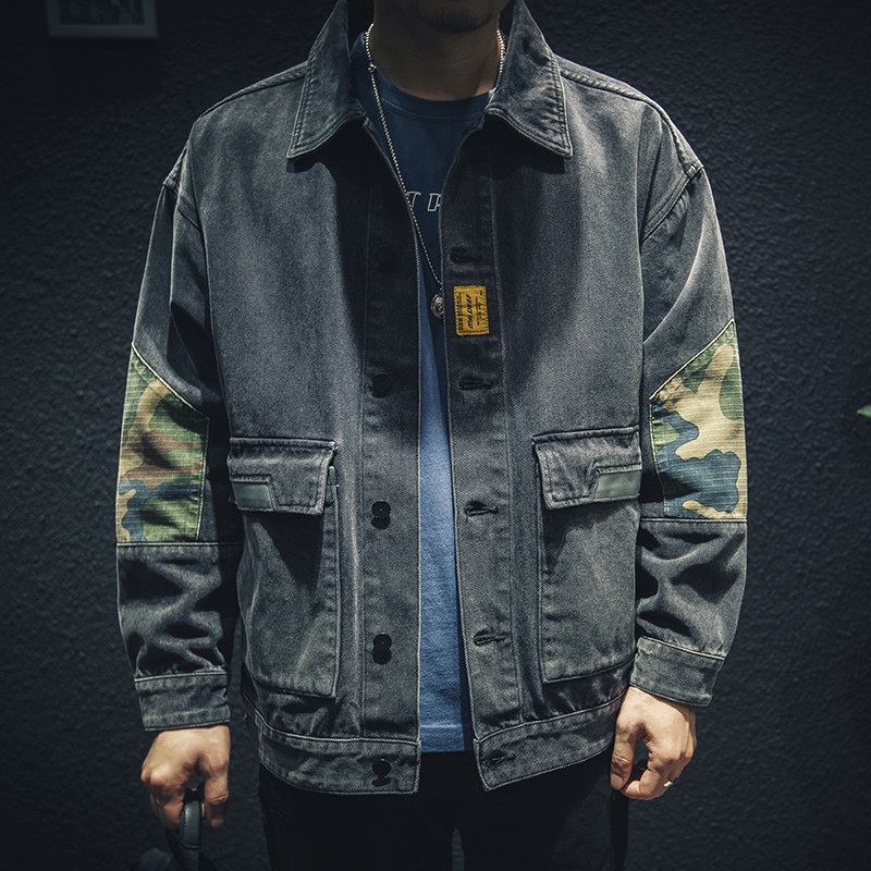 Black jeans coat men tide spring and autumn jacket pilots trend hundred loose loose camouflage suit