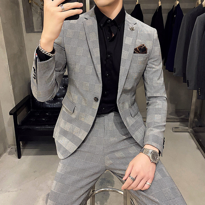 Suite suit male professional dress three set retro-grid groom wedding dress in skull casual suit
