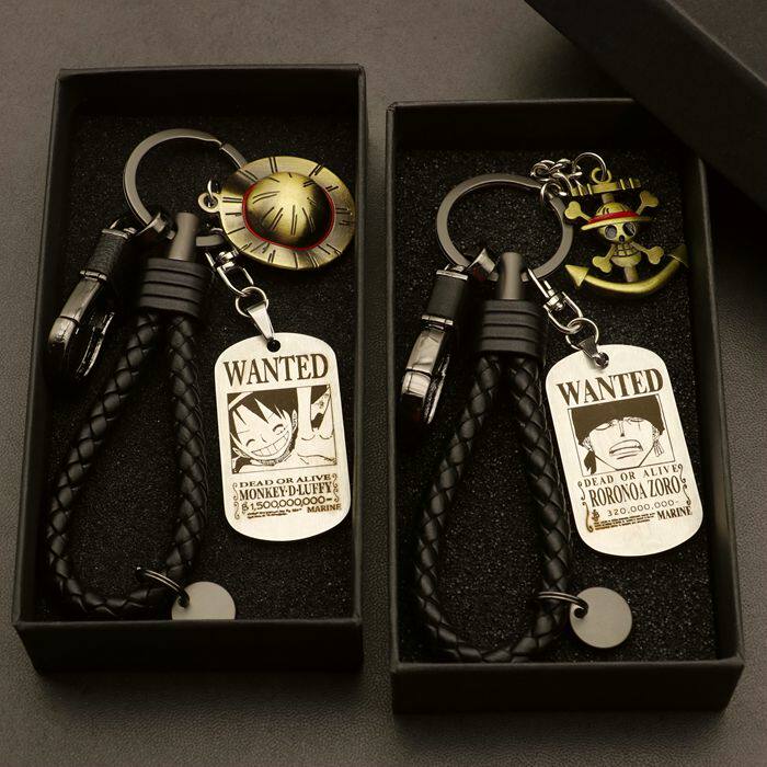 One Piece Keychain Luffy Zoro Chopper Metal Pendant Car Key Chain Key Ring Leather Strap Waist Hanging for Men