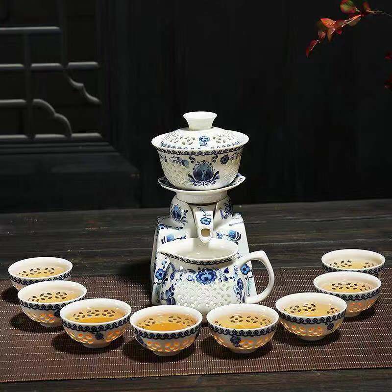 Xiaokang Blue and White Ceramic Tea Set, Fully Semi-Automatic Touch Water Dispenser, Hollow Tea Set for Home Use, Anti-Scalding Teapot for Lazy People