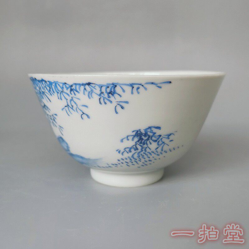 чашка 民国古董瓷器盖碗真品老古玩物件杯茶杯景德镇蓝料彩竹石茶碗一对