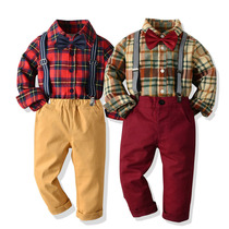 Boy handsome host set to send bow tie children long sleeve plaid shirt strap pants gentleman strap dress pants