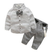 Baby sling suit children with pants gentleman suit boys gray cross-bar shirt tie