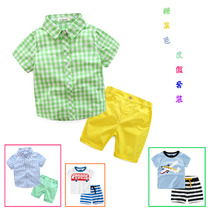 Childrens summer two-piece plaid short-sleeved shirt candy-colored pants casual set light green plaid shirt