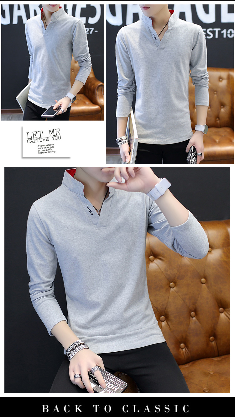 Mùa xuân và mùa thu mới 2018 áo thun nam tay dài cổ chữ V Slim cotton đáy áo sơ mi nhỏ áo khoác mùa thu quần áo nam áo phông rộng nam