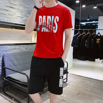 Two-piece mens summer short sleeve T-shirt suit Korean trend mens sports and leisure fashion brand short pants summer clothes