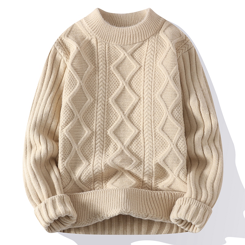 Solid Color Low-Neck Men's Twisted Pattern Warm Sweater 2026 Autumn and Winter New Style Youth Round Neck Thickened Knitted Base Shirt