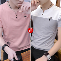 2020 summer mens short sleeve T-shirt V-collar trend half-sleeve slim body slim suit summer wear wild Tide brand shirt top clothes