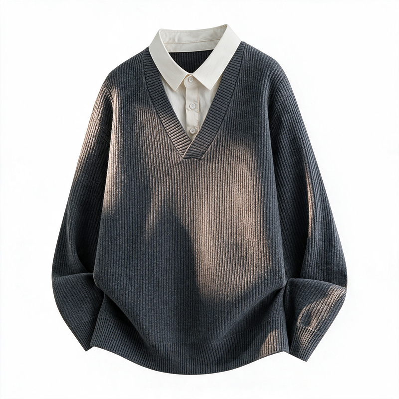 Trendy Brand Youth Loose-Fitting Color-Blocked Fake Two-Piece Collared Pullover Sweater Without Hood Winter Men's Casual Top