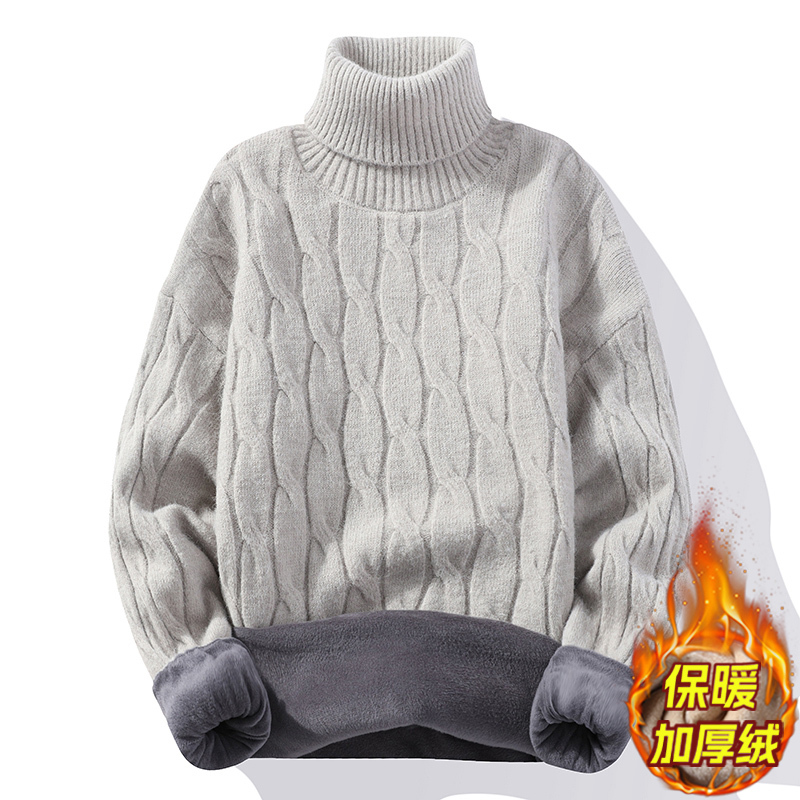 Winter Solid Color Fleece-Lined Thick Slim-Fit Knit Sweater Long Collar Base Shirt Convertible Turtleneck Sweater Men's Knitwear Winter Clothing