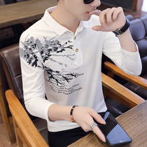 Spring trend Korean shirt collar slim print polo shirt 2020 new long sleeve T-shirt autumn mens clothes