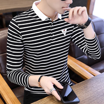 2019 spring mens long sleeve T-shirt cotton shirt collar collar polo shirt striped autumn clothes trend mens clothing