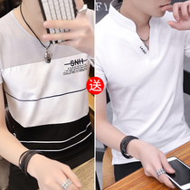 Summer 2022 new Korean version trendy mens clothing Under-shirt summer V neckline with half-amputee striated short sleeve T-shirt