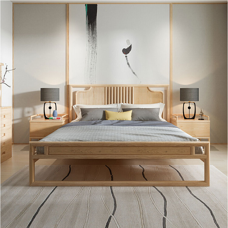 The new Chinese-style wood minimalist bedroom with double bed villa 2 0 meters nuptial bed Zen walnut furniture customization