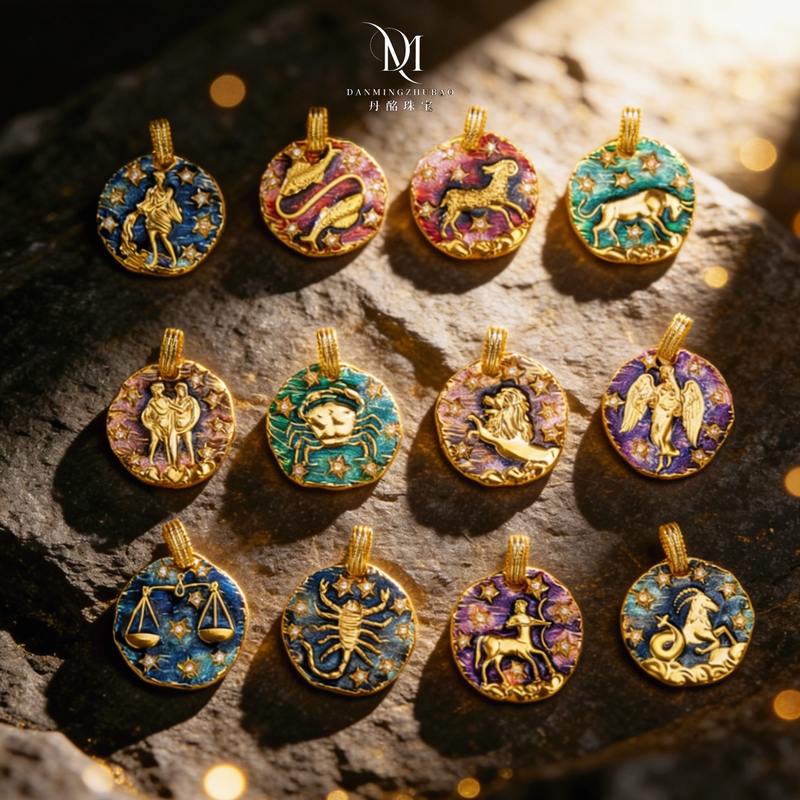 Danmeng Jewelry｜New on April 10【12 Zodiac Signs】18K Gold Enamel Relief Constellation Pendant, Double-Sided Wearable, Suitable for Gifting