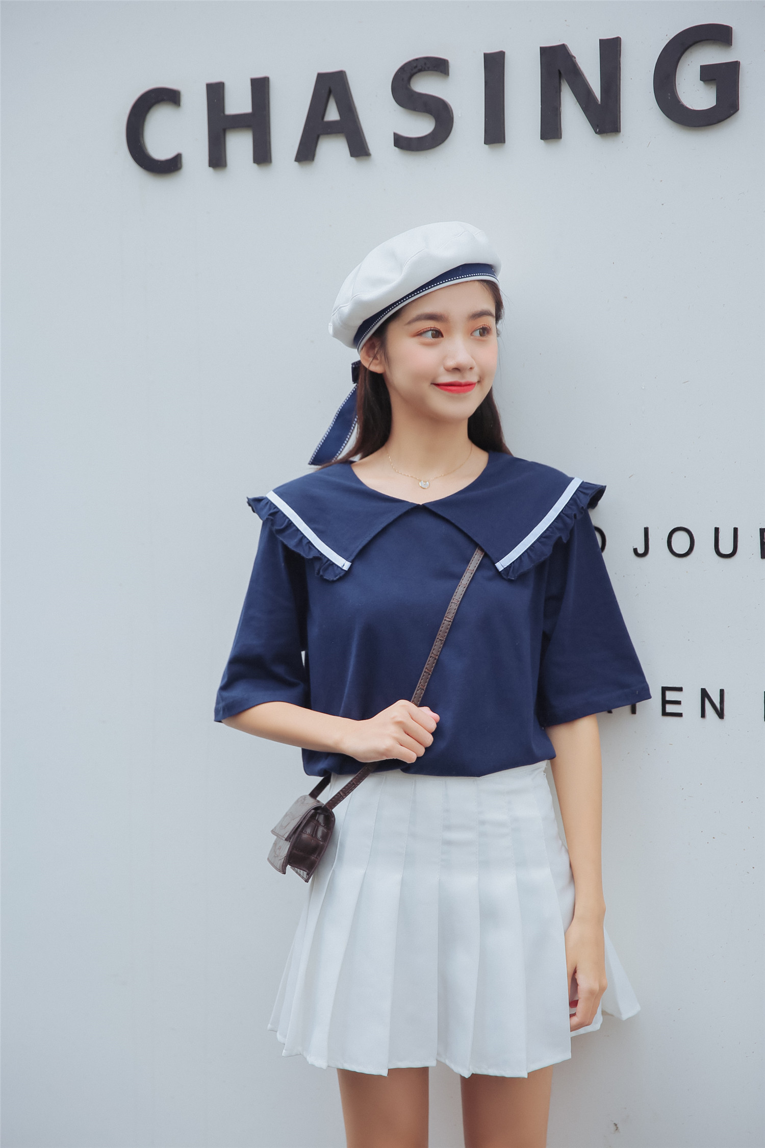 VK旗艦店 韓系新款木耳邊海軍風短袖上衣