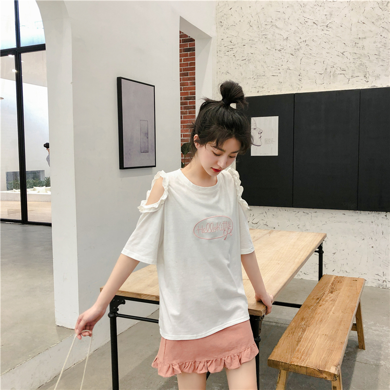 VK旗艦店 韓系甜美露肩刺繡T恤短袖上衣