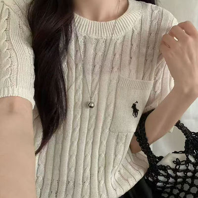 Dongdaemun, South Korea, 2026 Spring and Autumn New twist knitted sweater for women, short-sleeved, round-neck embroidered, slimming and versatile top