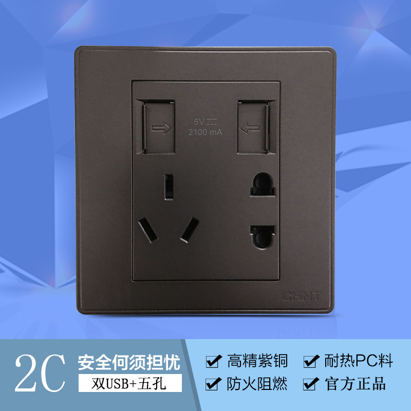 Positive Tai electrician NEW2C dark grey double USB five-hole socket with steel frame large plate USB five-hole power socket