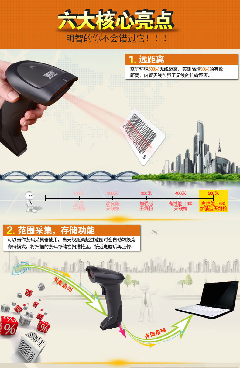 Chi Teng CT3020 súng không dây quét không dây mã quét súng laser mã vạch súng tốc hành đặc biệt thành phố điện - Thiết bị mua / quét mã vạch