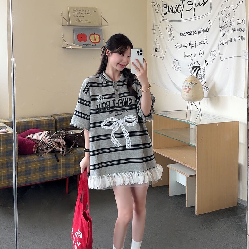 Orange Cat-Themed Trendy Sweet-Cool Bowknot Spray-Painted Lace Patchwork Striped Polo Shirt Pullover Short-Sleeve Dress Orange Cat-Themed Trendy Sweet-Cool Bowknot Spray-Painted Lace Patchwork Striped Polo Shirt Pullover Short-Sleeve Dress