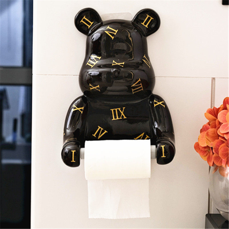 Nordic ins cute powder room tissue box Kitchen wall-mounted doll Bear Creative roll toilet paper tube rack tube free hole