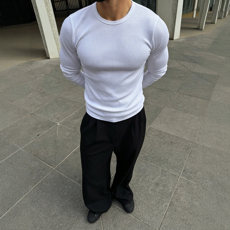 Califans American-Style High-Elastic Slim-Fit Crew Neck Heavyweight Ribbed Long-Sleeve Comfortable Base Layer T-Shirt for Men Califans American-Style High-Elastic Slim-Fit Crew Neck Heavyweight Ribbed Long-Sleeve Comfortable Base Layer T-Shirt for Men