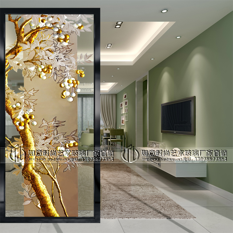 Modern minimalist art glass screen partition living room aisle porch dining room background wall carved tempered fortune tree
