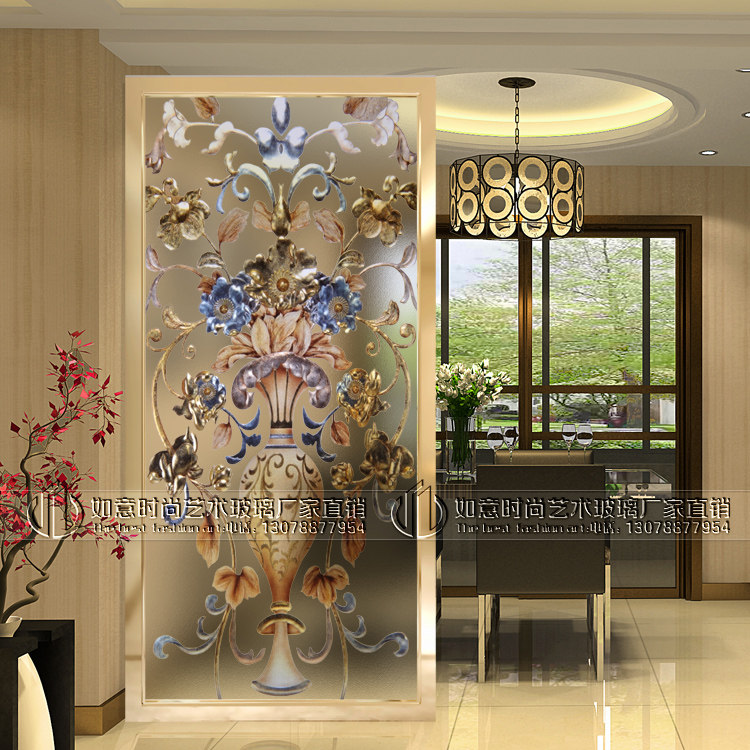 European-style living room entrance background wall art glass carving carving process frosted transparent transparent screen partition wall