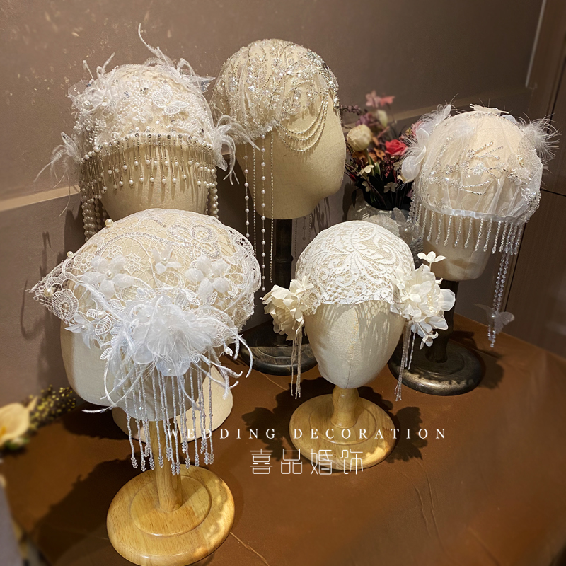 Xipin Original Bridal Headwear French Retro Atmosphere Lace Feather Beaded Mesh Creative Hat Veil Hair Accessories