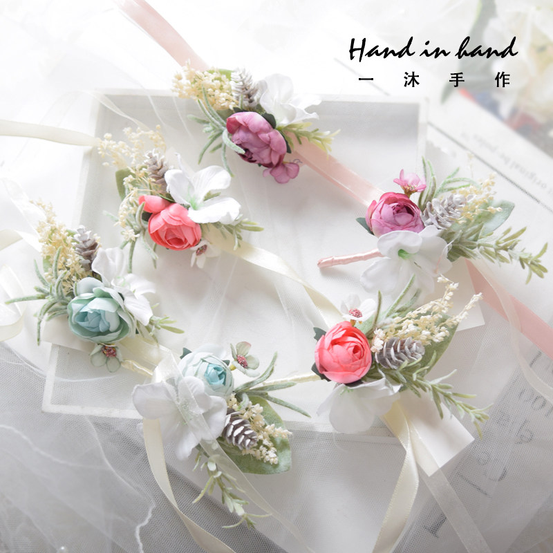 Pink blue purple corsage corsage wrist flower sister flower simulation Korean and Western-style wedding performance wedding photography decoration accessories