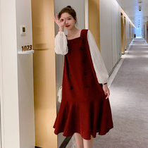 Pregnancy Woman Dress Spring Autumn Loose Foreign Air Dress Thickened Long Sleeve Fake Two Fur Coats Big Code Womens Dress Mid-Length