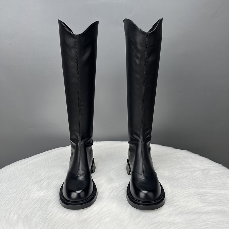 Genuine Leather Women's Knee-High Boots 2025 New Motorcycle Boots Autumn and Winter Fleece-Lined Leg-Lengthening High-Tube Fashion Boots