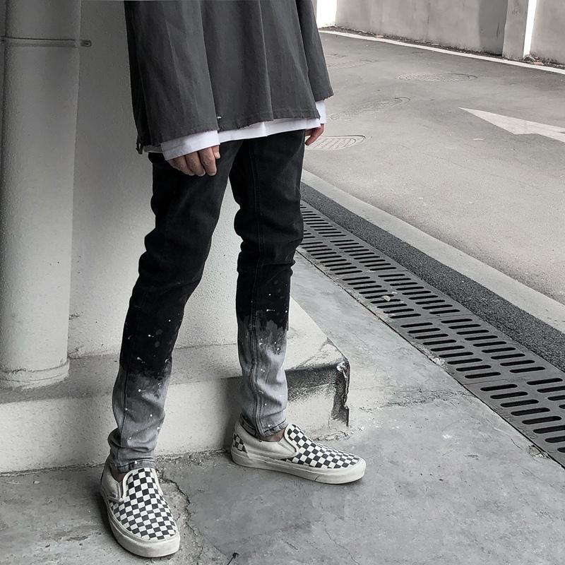 ins pop brand jeans Europe and the United States splash ink contrast color High street tie-dye Hip-hop zipper Slim stretch Black narrow tube leggings