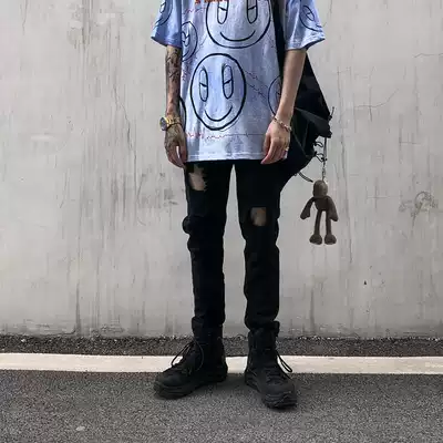 Europe and the United States high street retro black hole jeans men's Tide brand slim feet FOG hip hop zipper ins trousers