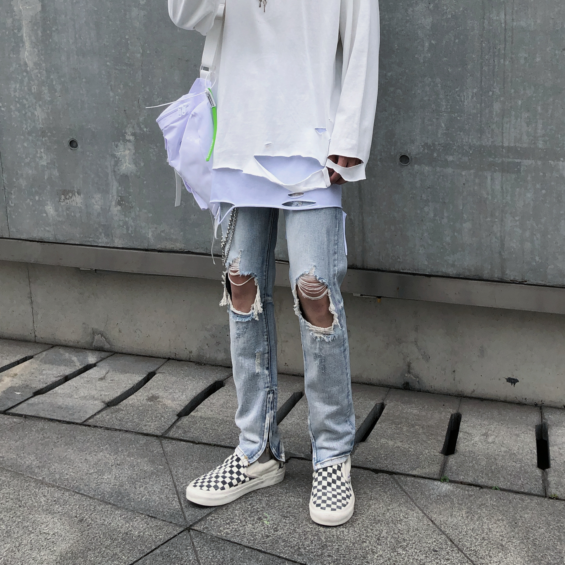 ins High street summer ripped jeans men washed cut rotten hip-hop trend brand retro light-colored zipper beggar trousers