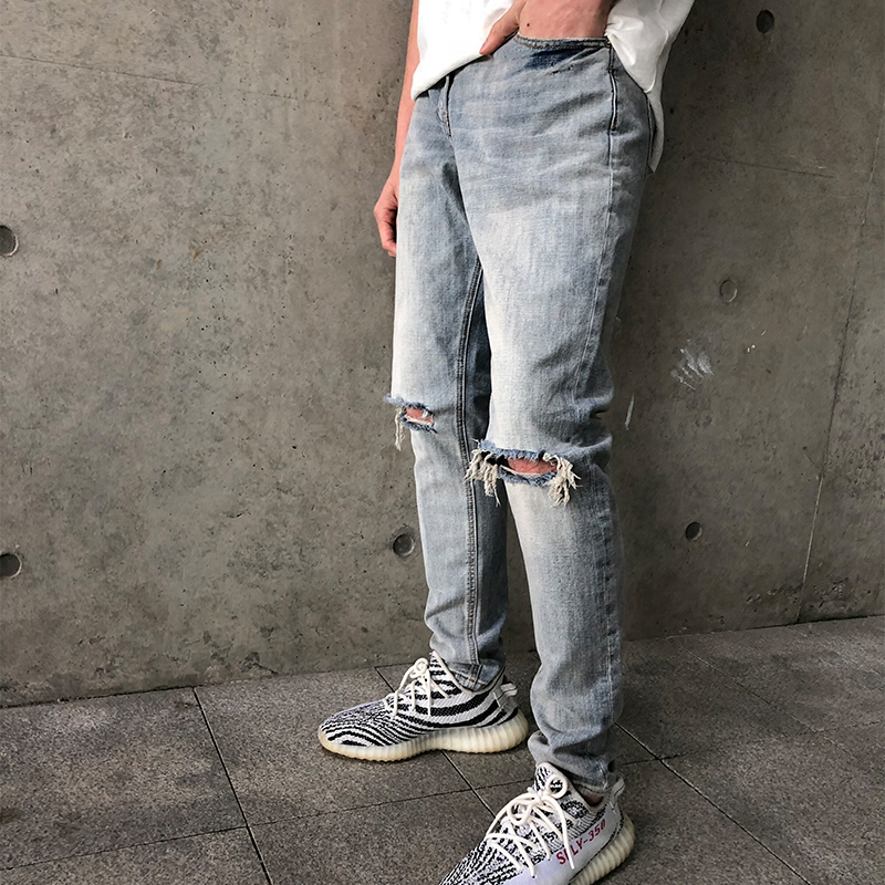ins Summer high street washed old knee holes Hip brand jeans Vintage slim-fit small feet Stretch beggar pants