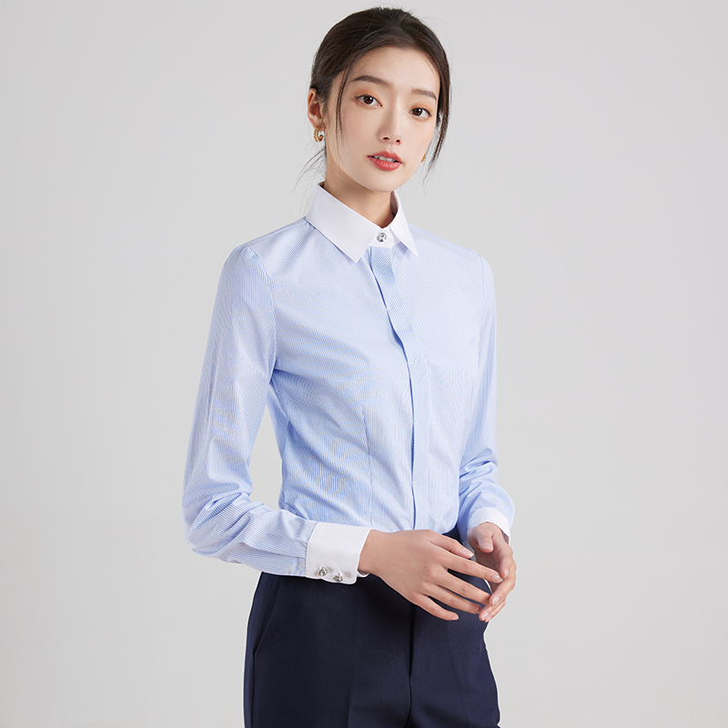 Blue and White Striped Shirt for Women, Long-Sleeved, 2026 New Style, Elegant Professional Formal Wear, Bank Work Uniform, White-Collar Shirt