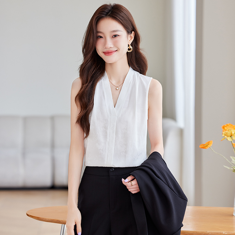 White V-Neck Sleeveless Shirt for Women, Summer High-End Professional Chiffon Elegant Suit Inner Layer Tank Top