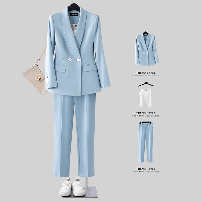 Blue Suit Set for Women, Spring and Autumn, High-End Professional Formal Wear, Art Exam, Broadcasting Host Work Uniform, Suit Jacket