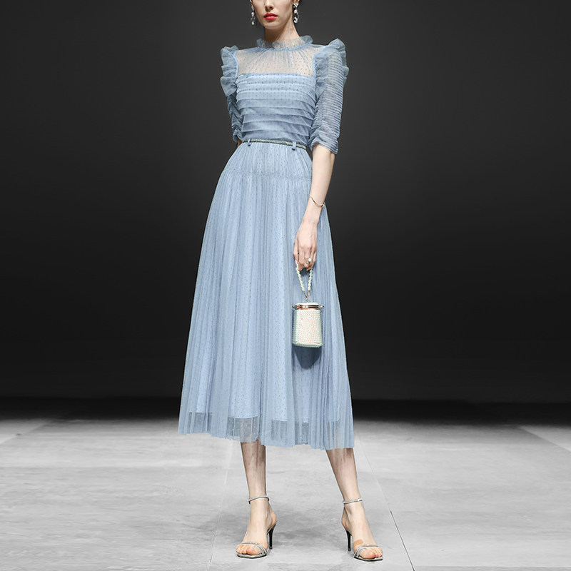 Caring Kiss new European and American fashion temperament Gentle name Fairy Fairy Wind Pumping Pleat web yarn Podot dress