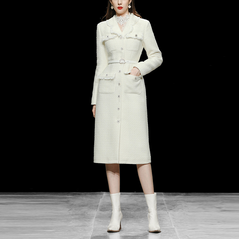 Caring Kiss Autumn Winter 2021 New Small Chanel Slim Fringed Tassel Slim White Chunky Wool Coat