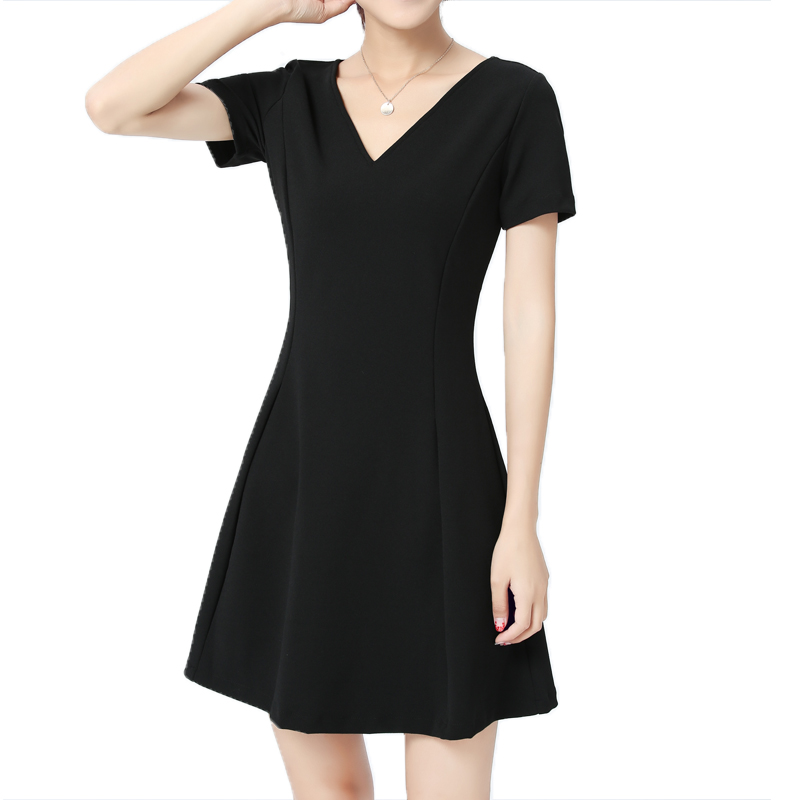 2019 phụ nữ mới xuân hè hè Đầm đen cổ chữ V Đầm đen thắt eo một chữ là váy ngắn tay màu đen mỏng - Váy eo cao váy maxi eo thun	