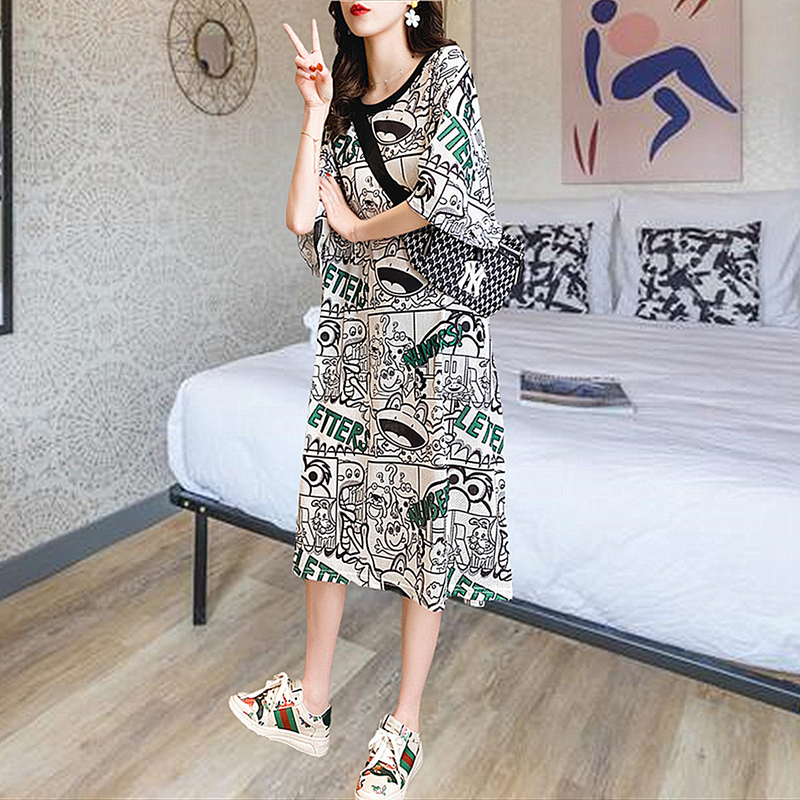 Long version over knee speed dry T-shirt woman short sleeve summer dress New ins net red loose with lazy wind big size 100 lap dress