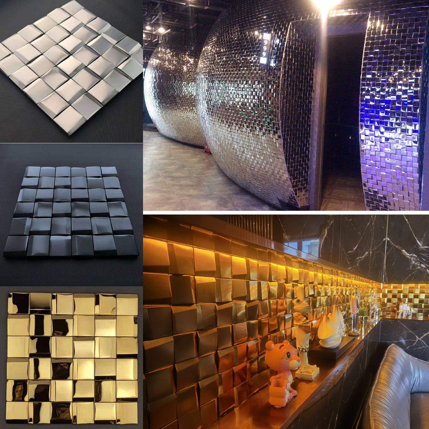 Rose gold tile silver mirror 3D concave and convex mosaic mirror drawing wall sticker TV background wall Square brick club hotel