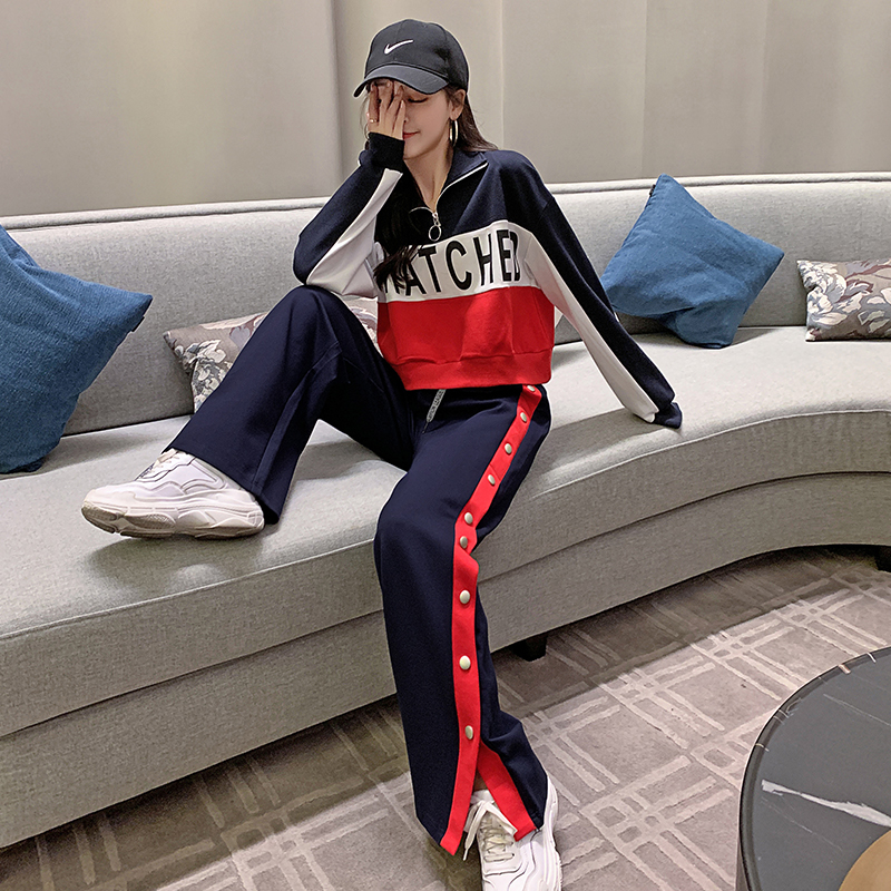 Korean style sports and leisure long-sleeved printed sweater nail button wide-leg pants women's clothing 2022 star same style two-piece suit women